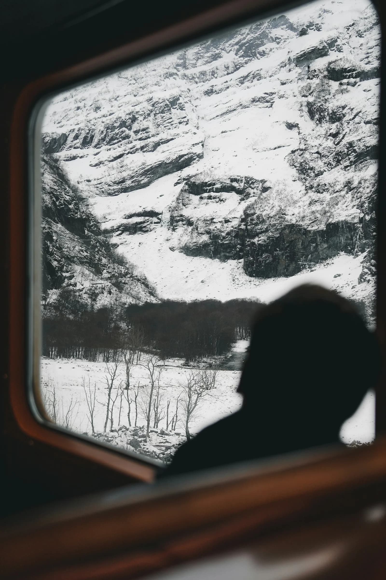 En passasjer ser ut på snødekte fjell gjennom et vindu
